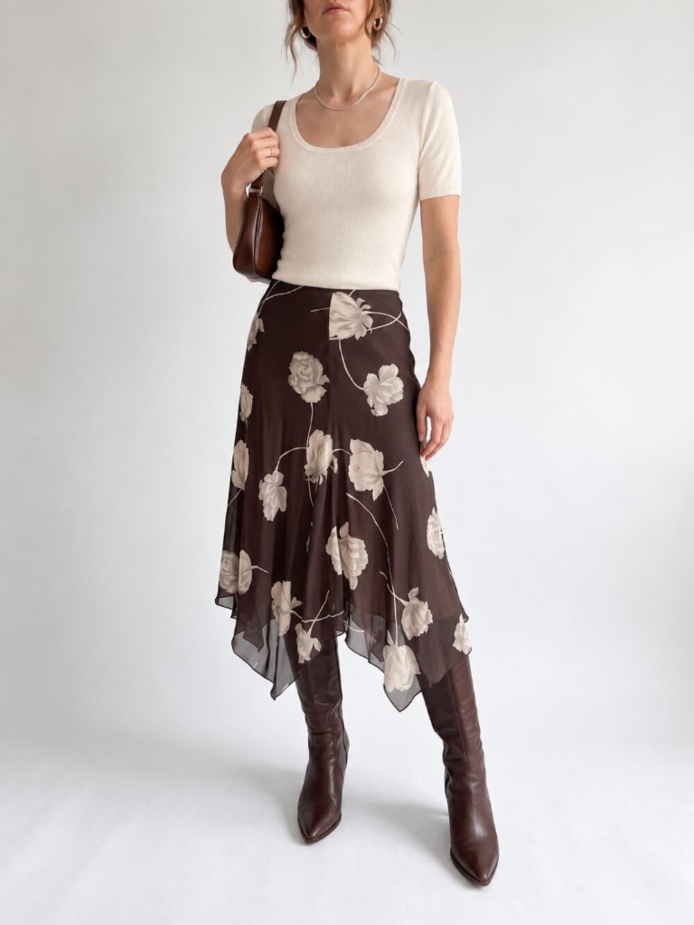 Vintage The Limited 100% Silk Floral Bias Cut Skirt Brown Ivory Size 10